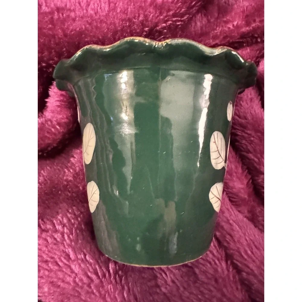 Vintage Italy Hand Painted Emerald Green Plant Pot Floral Decor 383/660